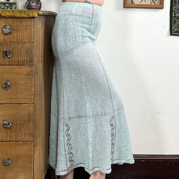 Vintage Mary Farrin Crochet Skirt, 1970s Blue & Silver Open Knit Maxi, Sz XS-S - Picture 6 of 10